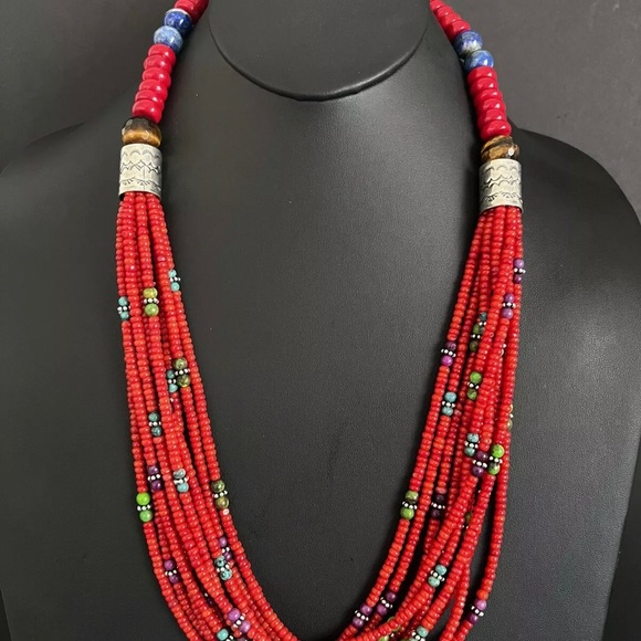 Sterling Silver Multi Strand Multi Stone Red Coral Bead Necklace 30 Inch - Picture 1 of 12